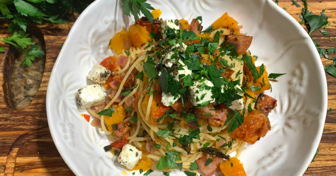 Butternut, Bacon, Chorizo and Fetta Pasta Plated