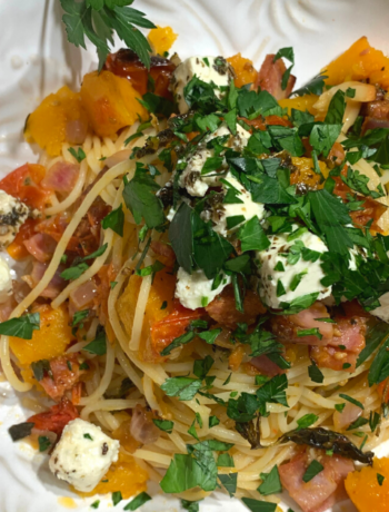 Butternut, Bacon, Chorizo and Fetta Pasta Plated