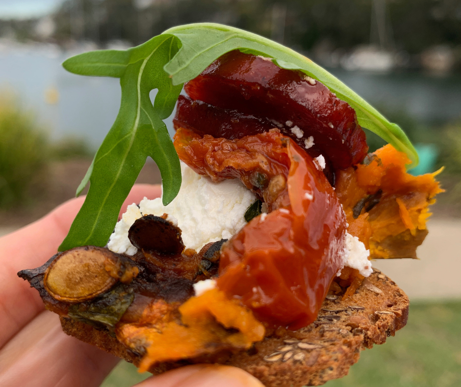 Layers of delicious pumpkin, fetta, chorizo and sundried tomaotes